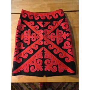 Etcetera Size 8 Pink Orange Felt Applique Pencil Skirt Wool Blend Side Zip